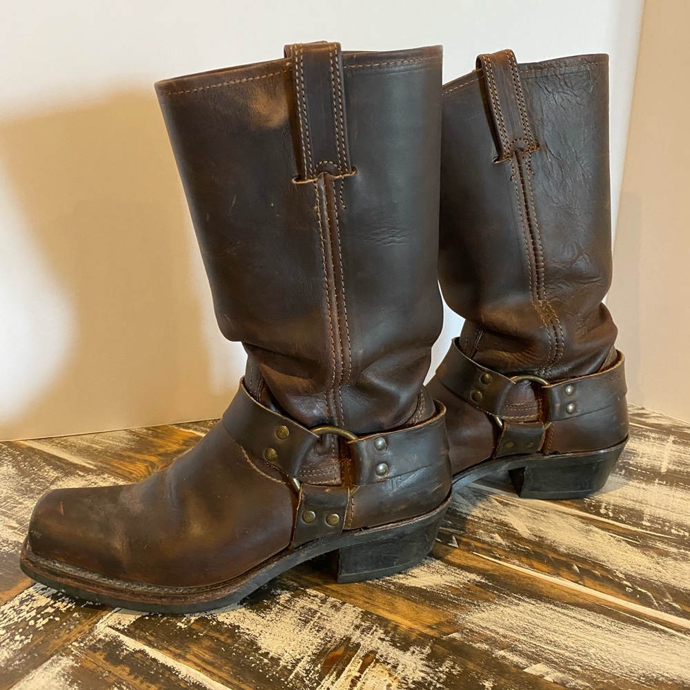 Vintage FRYE Brown Leather Western Harness Moto Boot Size 8.5